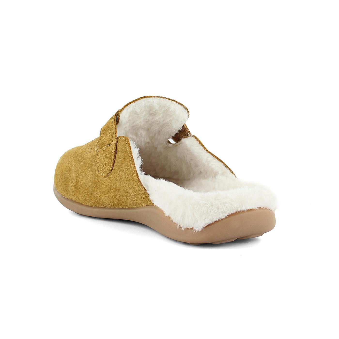 Strive Oslo women's oak leather slip-on slippers with arch support and plush fleece lining.