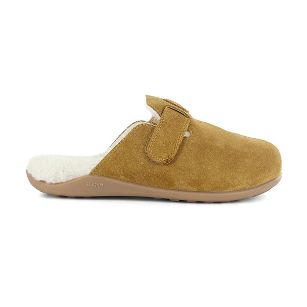 Strive Oslo women's oak leather slip-on slippers with arch support, cozy shearling lining, and a tan rubber sole.