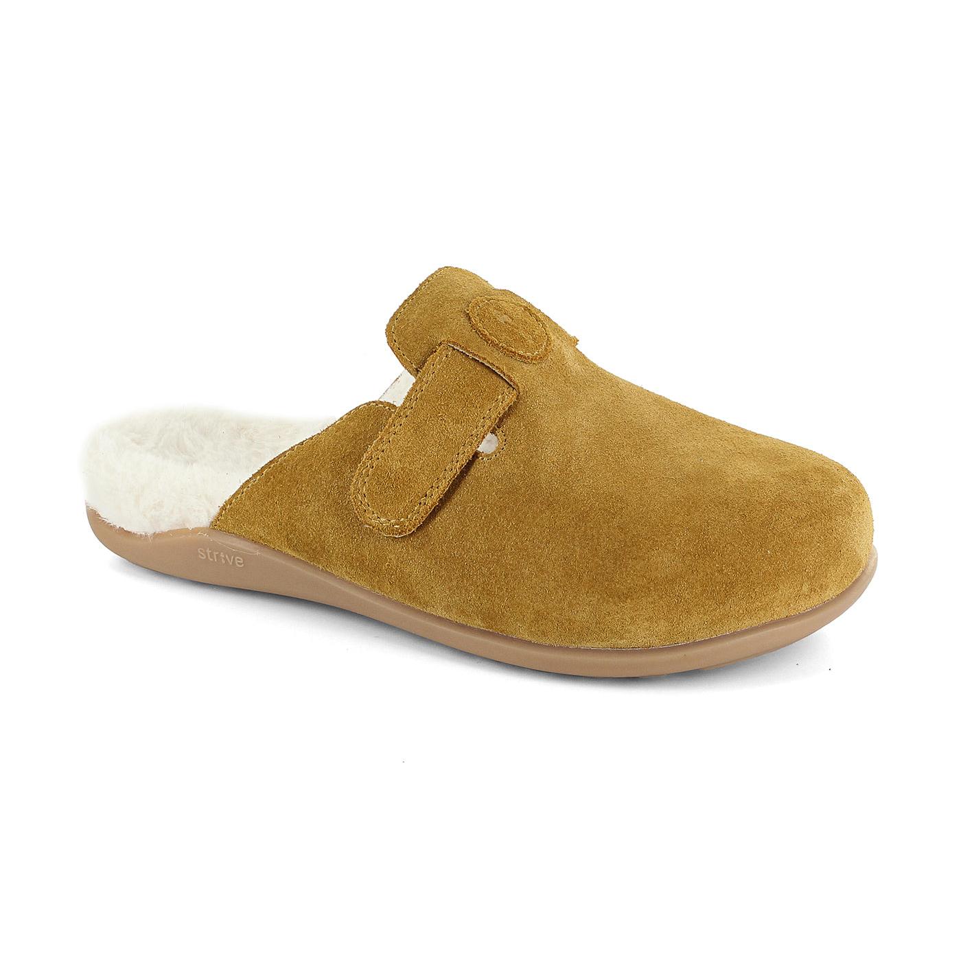 Strive Oslo women's oak leather slip-on slippers with arch support, cozy shearling lining, and Velcro strap for comfort.