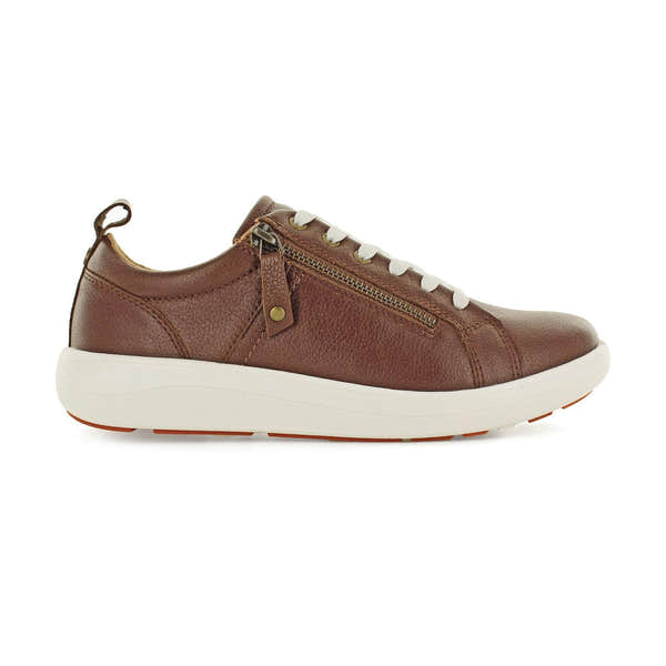 Strive Talia Ladies Conker Leather Arch Support Trainers with zip, lace-up front, and white sole, designed for comfort and style.