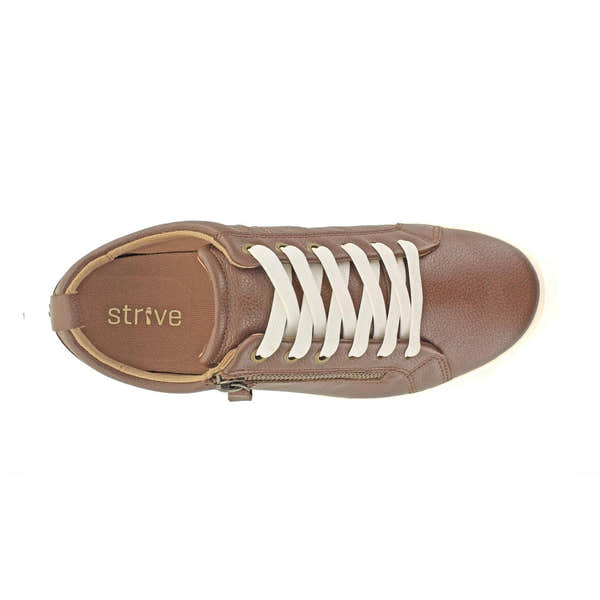 Strive Talia Ladies Conker Leather Trainers with arch support, zip and lace-up closure, cream laces, and cushioned insole.