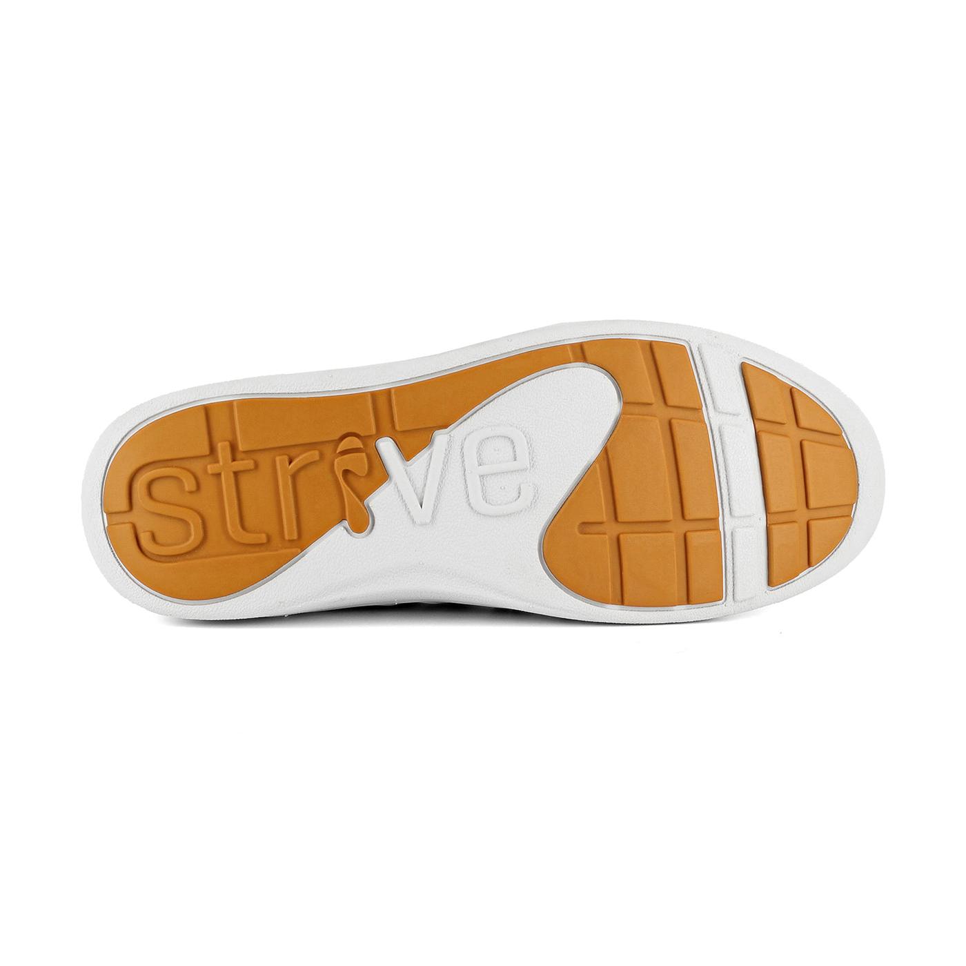 Strive Talia Ladies Conker Leather Trainers with arch support, zip and lace-up closure, white sole, and orange elements, designed for comfort.