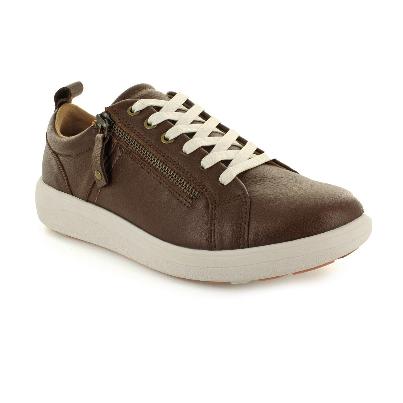 Strive Talia Ladies Conker Leather Trainers with zip, lace-up closure, arch support, and white rubber sole.