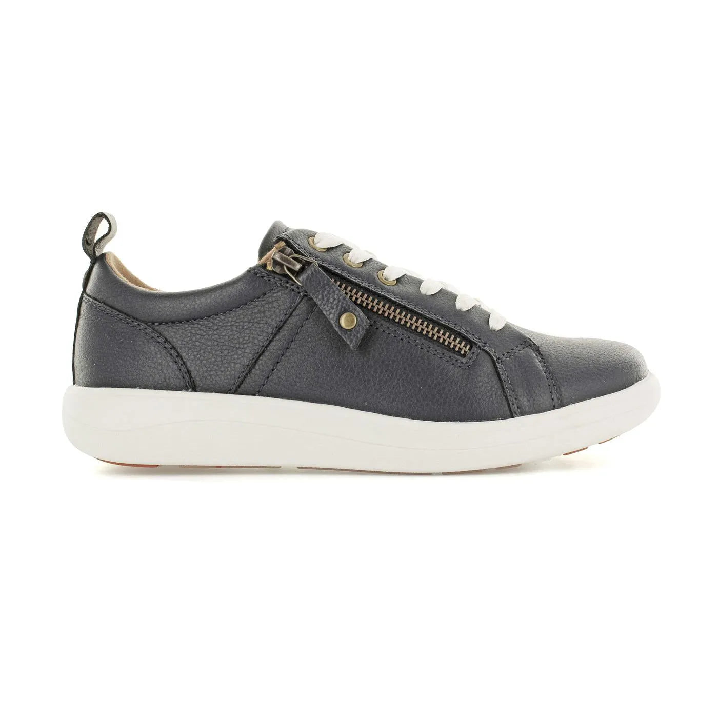 Strive Talia women's denim and leather zip-up and lace trainers with arch support and white rubber sole.