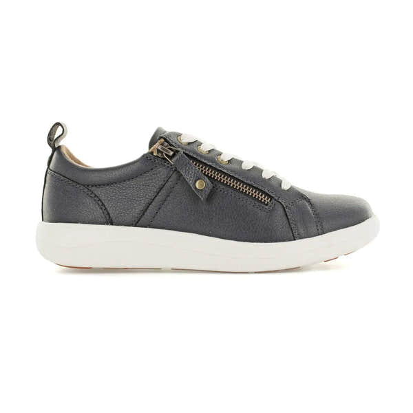 Strive Talia women's denim and leather zip-up and lace trainers with arch support and white rubber sole.