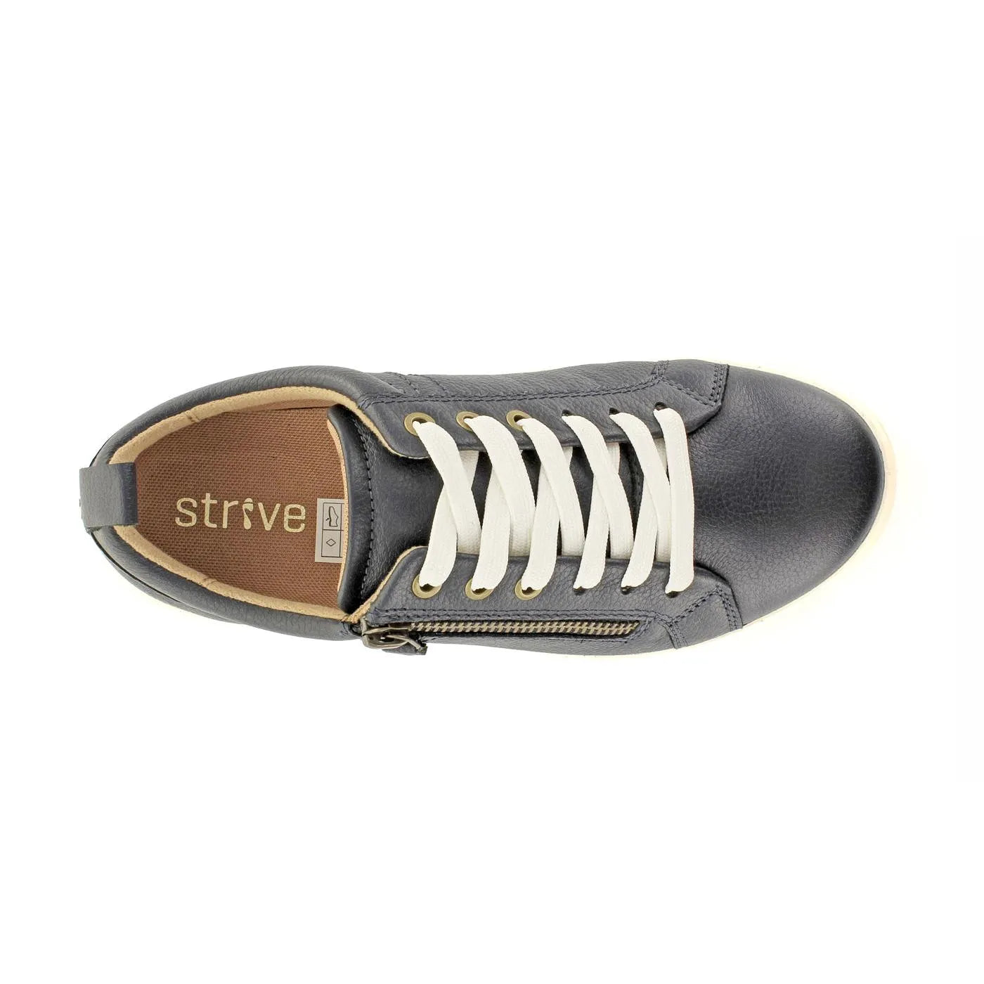 Strive Talia women's denim leather arch support zip and lace trainers, navy blue with white laces and beige interior.