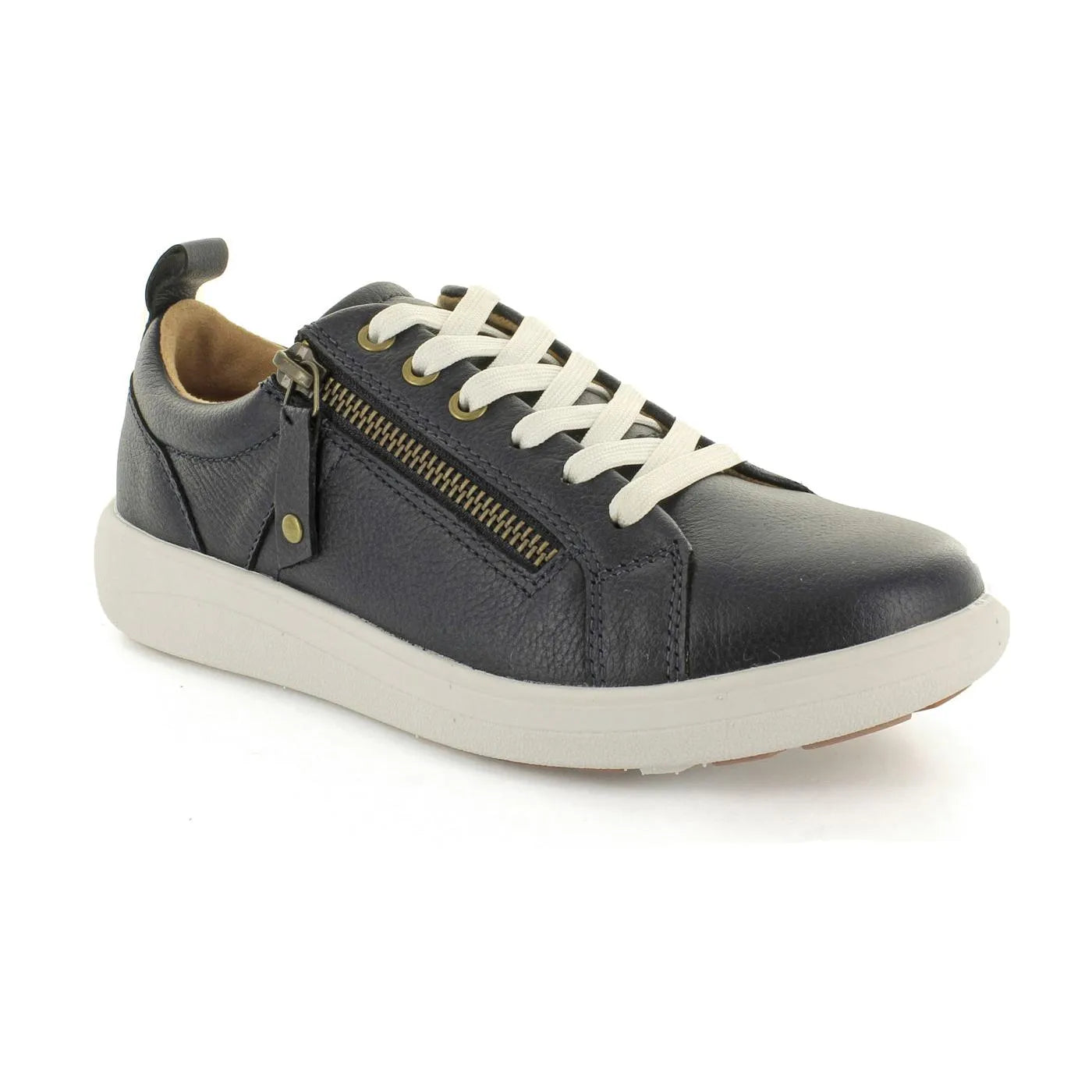 Strive Talia ladies' denim leather arch support trainers with zip and lace closure, white rubber sole, and stylish black finish.