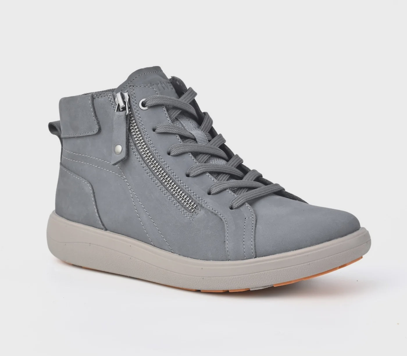Strive Kensington grey ankle boot, three-quarter view showing the zip and laces