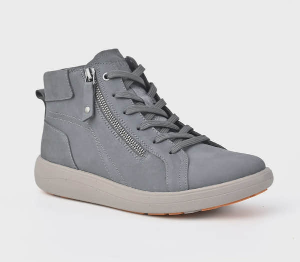 Strive Kensington grey ankle boot, three-quarter view showing the zip and laces