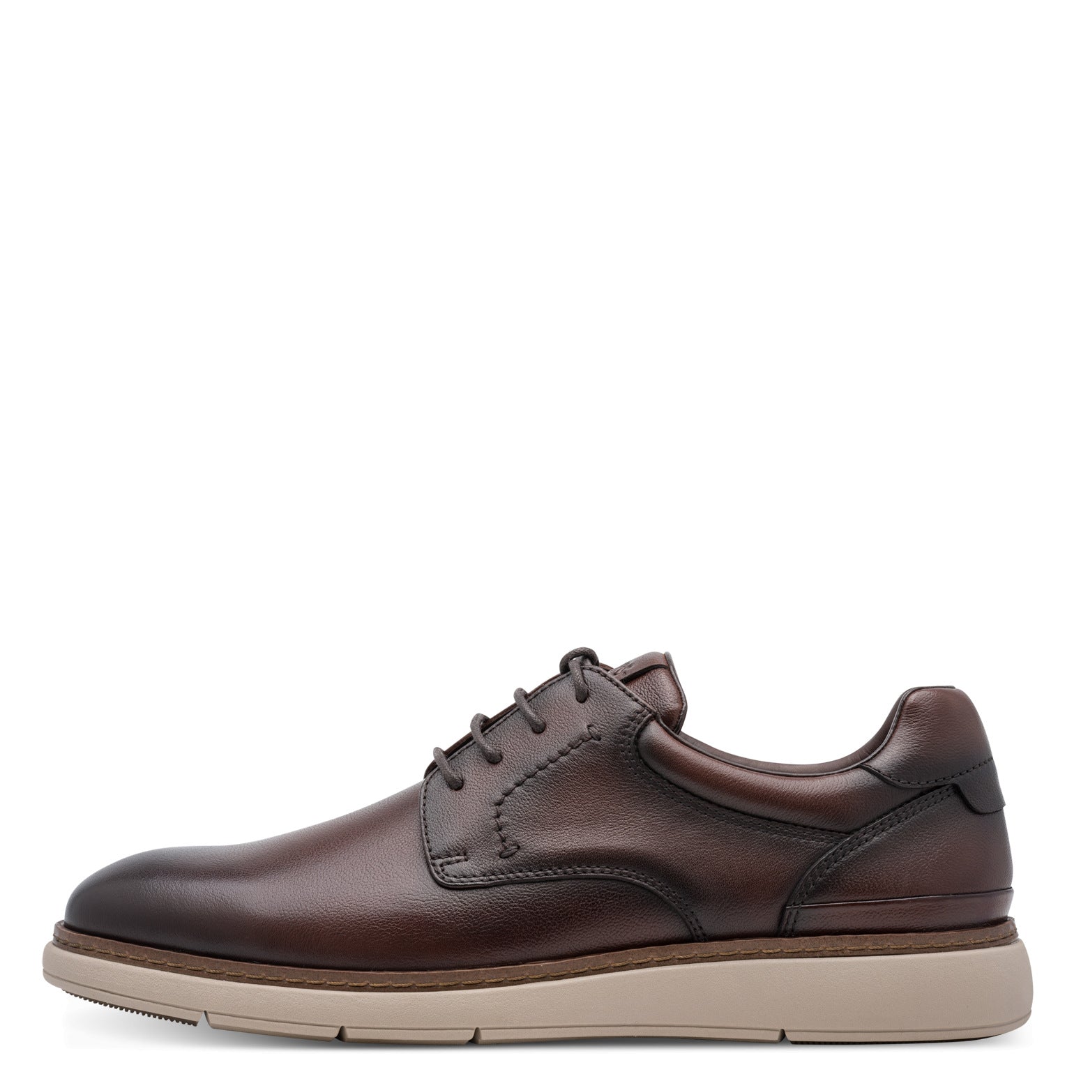 Outer side of the mocca brown Tamaris lace-up shoe showing the leather upper, stitching and low heel.