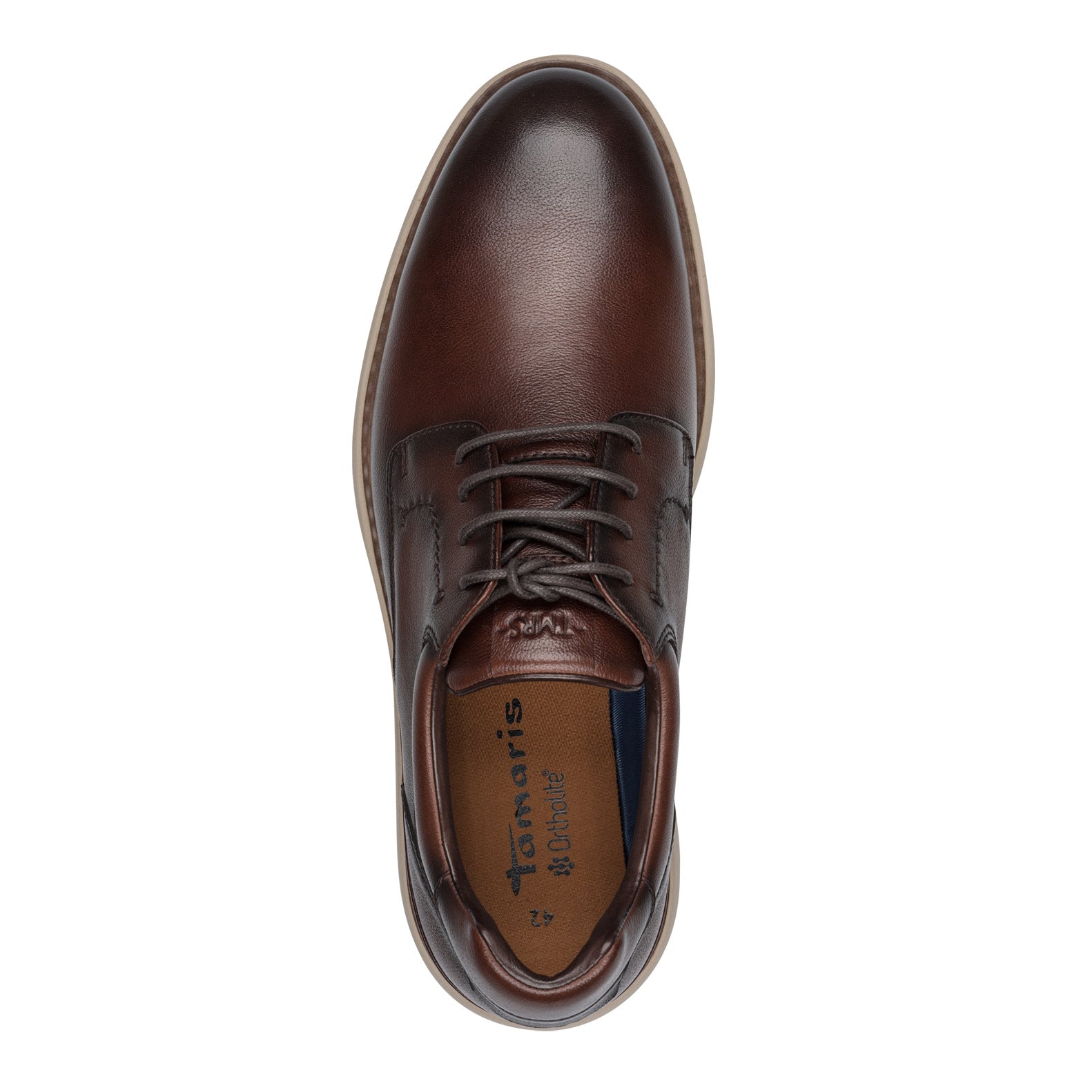 Top view of the mocca brown Tamaris lace-up shoe showing the laces, rounded toe and opening.