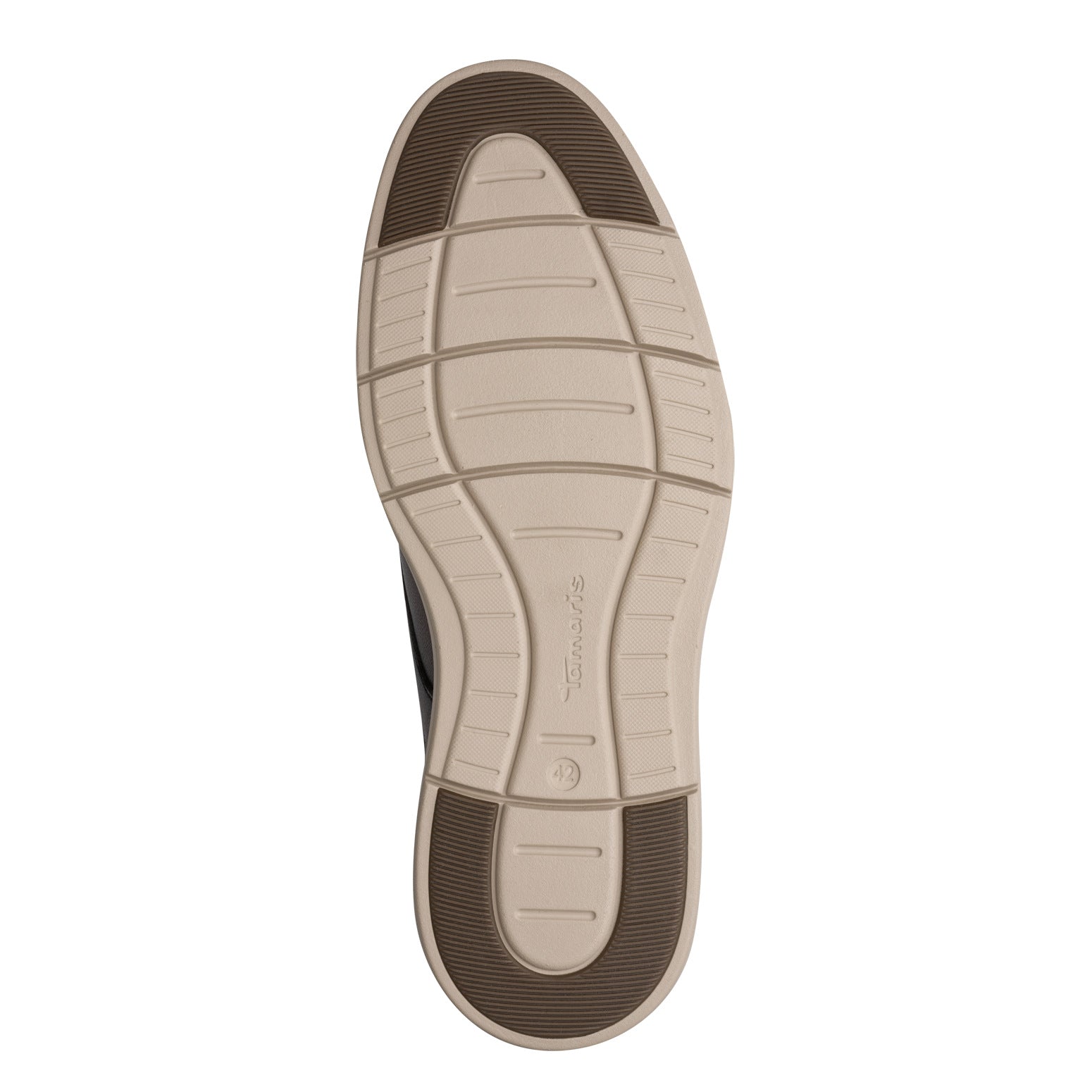 Underside of the mocca brown Tamaris lace-up shoe showing the sole and tread pattern.