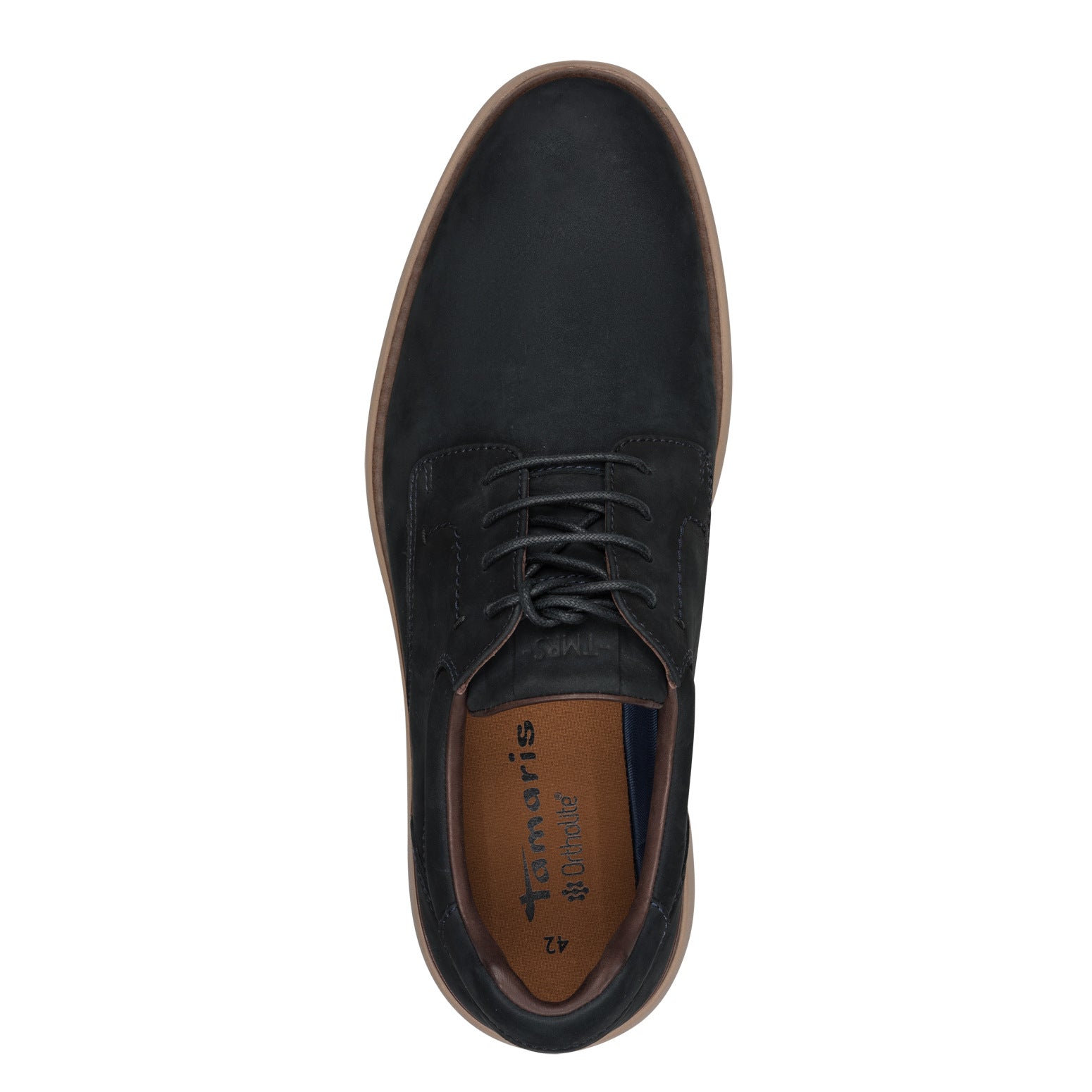 Top view of the navy Tamaris lace-up shoe showing the laces, rounded toe and opening.