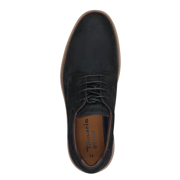Top view of the navy Tamaris lace-up shoe showing the laces, rounded toe and opening.