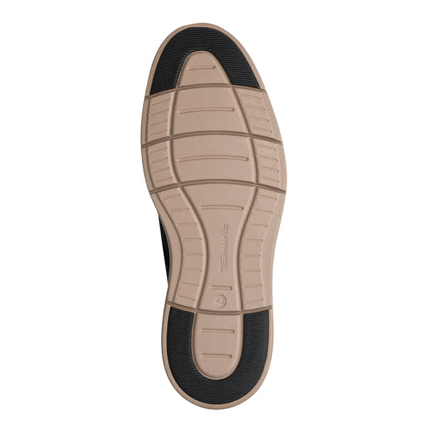 Underside of the navy Tamaris lace-up shoe showing the sole and tread pattern.