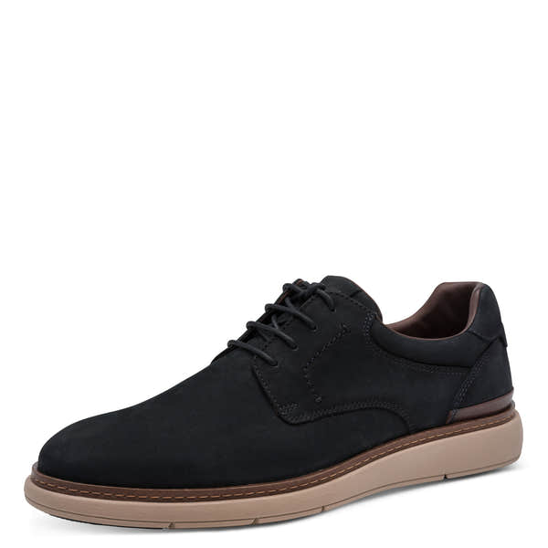 Tamaris men's navy leather lace-up shoe, front three-quarter view.