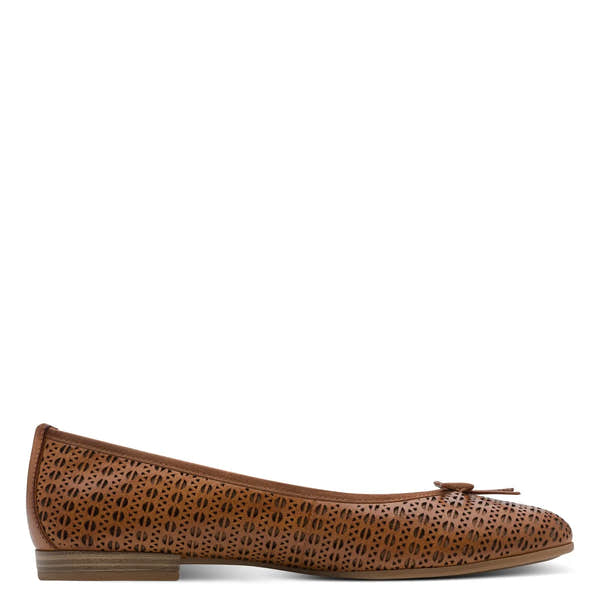 Brown leather slip-on shoe with perforated design, small bow detail, and low heel for ladies.