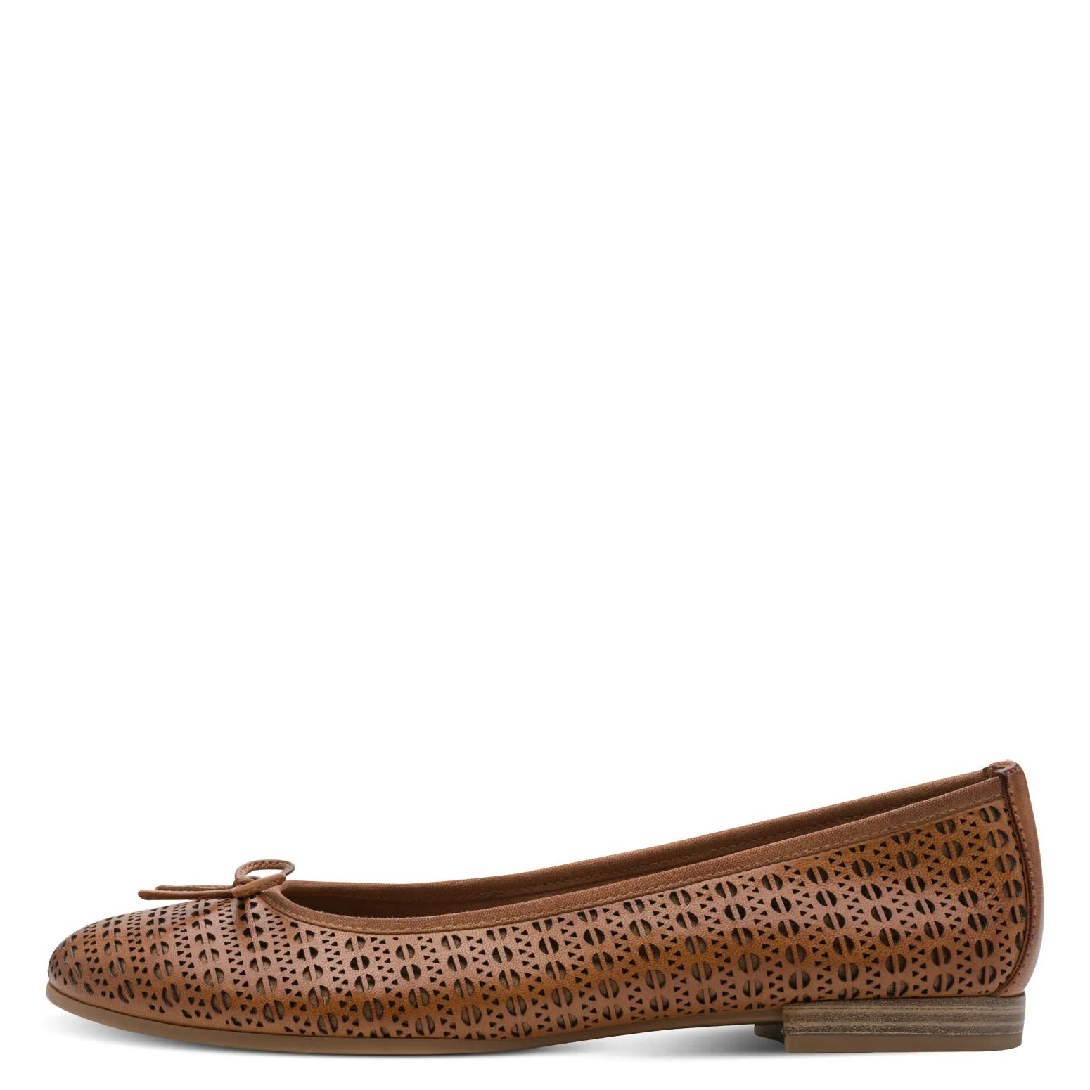 Tamaris brown leather slip-on women's ballet flat with perforated pattern and bow detail, low stacked heel.
