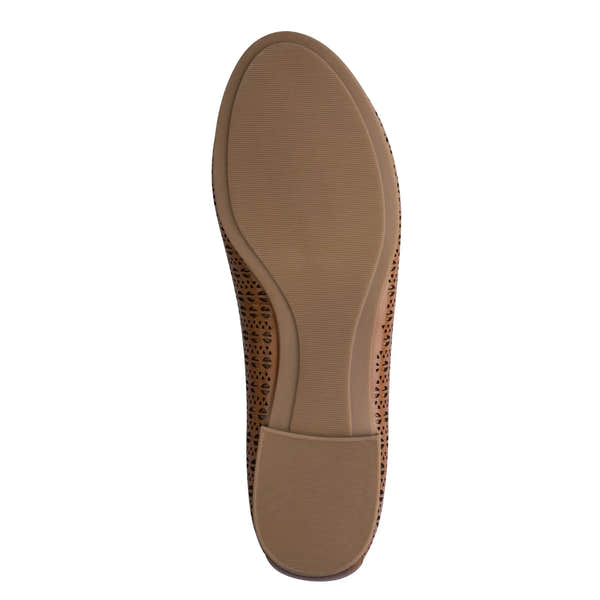 Tamaris brown leather slip-on shoes with laser-cut geometric pattern and flat sole, designed for women.