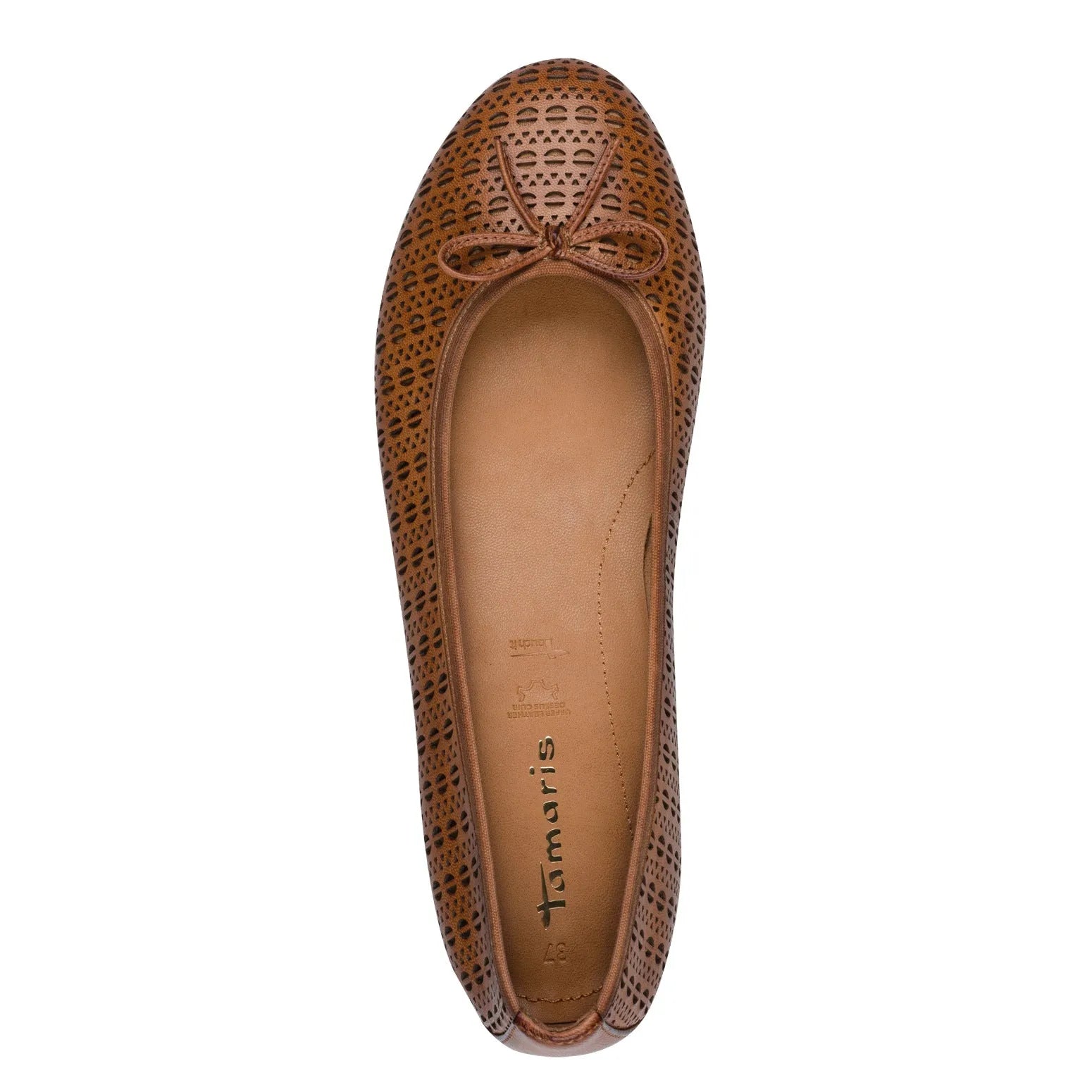 Brown leather slip-on women's shoe with perforated design and a bow detail on the toe.