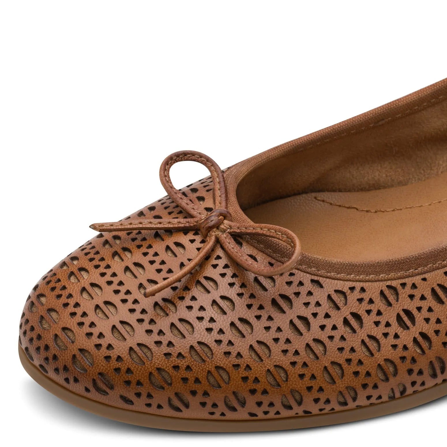 Tamaris brown leather slip-on ballet flat with laser-cut pattern and bow detail, inside padding for comfort.