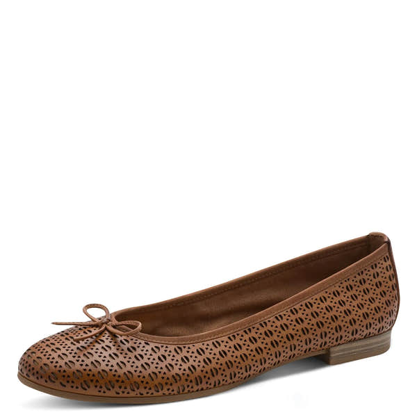 Brown leather slip-on women's shoes with laser-cut pattern and a small bow detail.