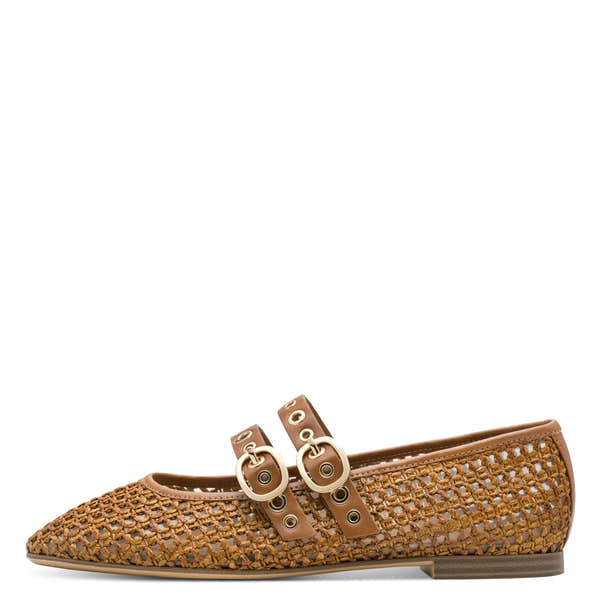 Tamaris women's brown textile buckle shoes with woven design and gold buckle accents.