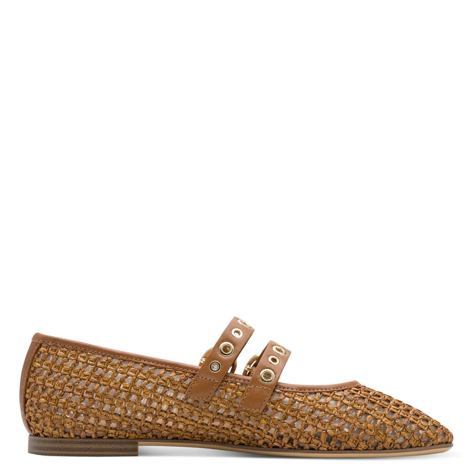 Tamaris women's brown textile slip-on flat shoes with buckle details and woven design.