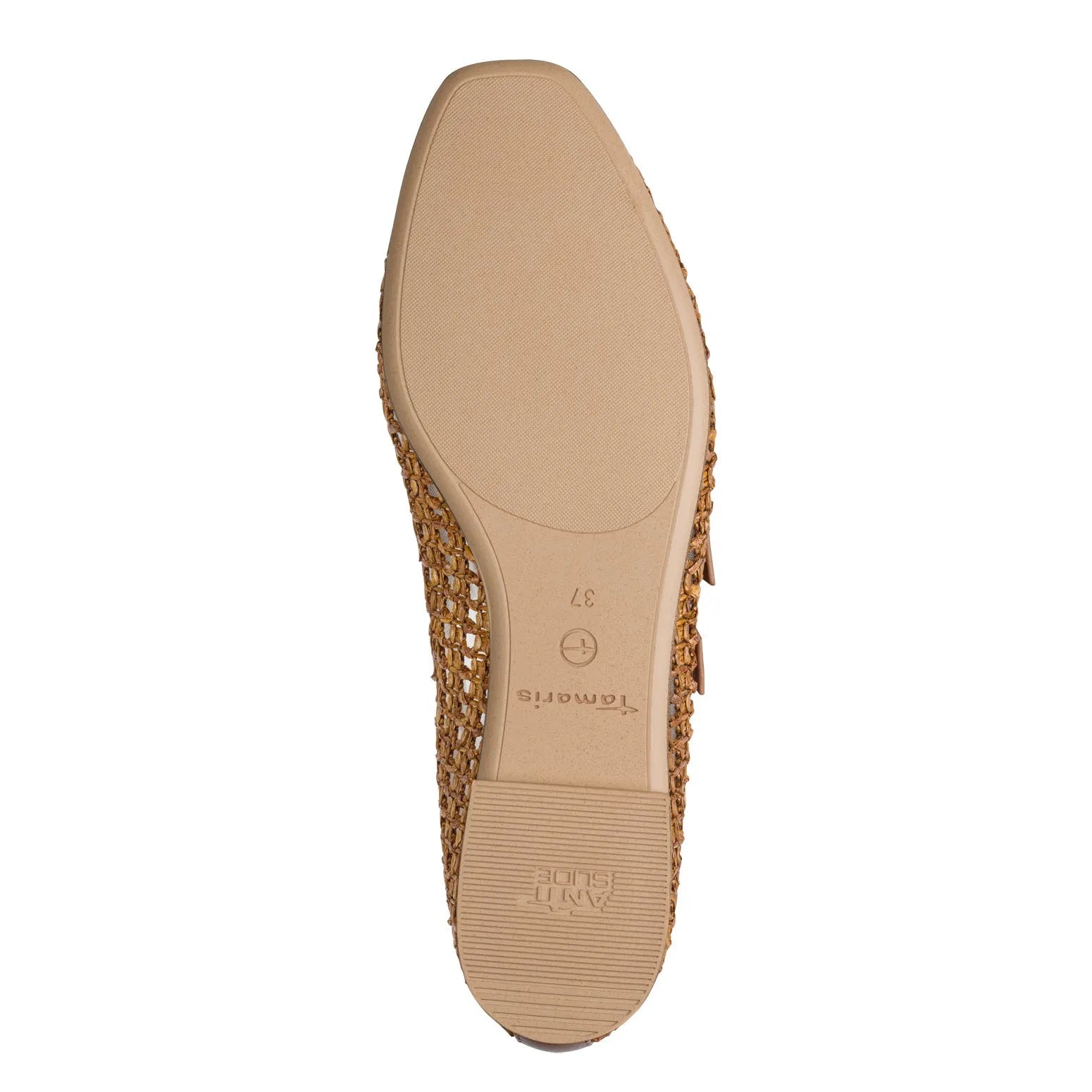 Ladies brown textile buckle shoes with a woven design and comfortable sole.