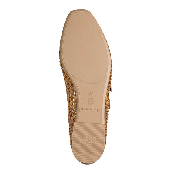 Ladies brown textile buckle shoes with a woven design and comfortable sole.