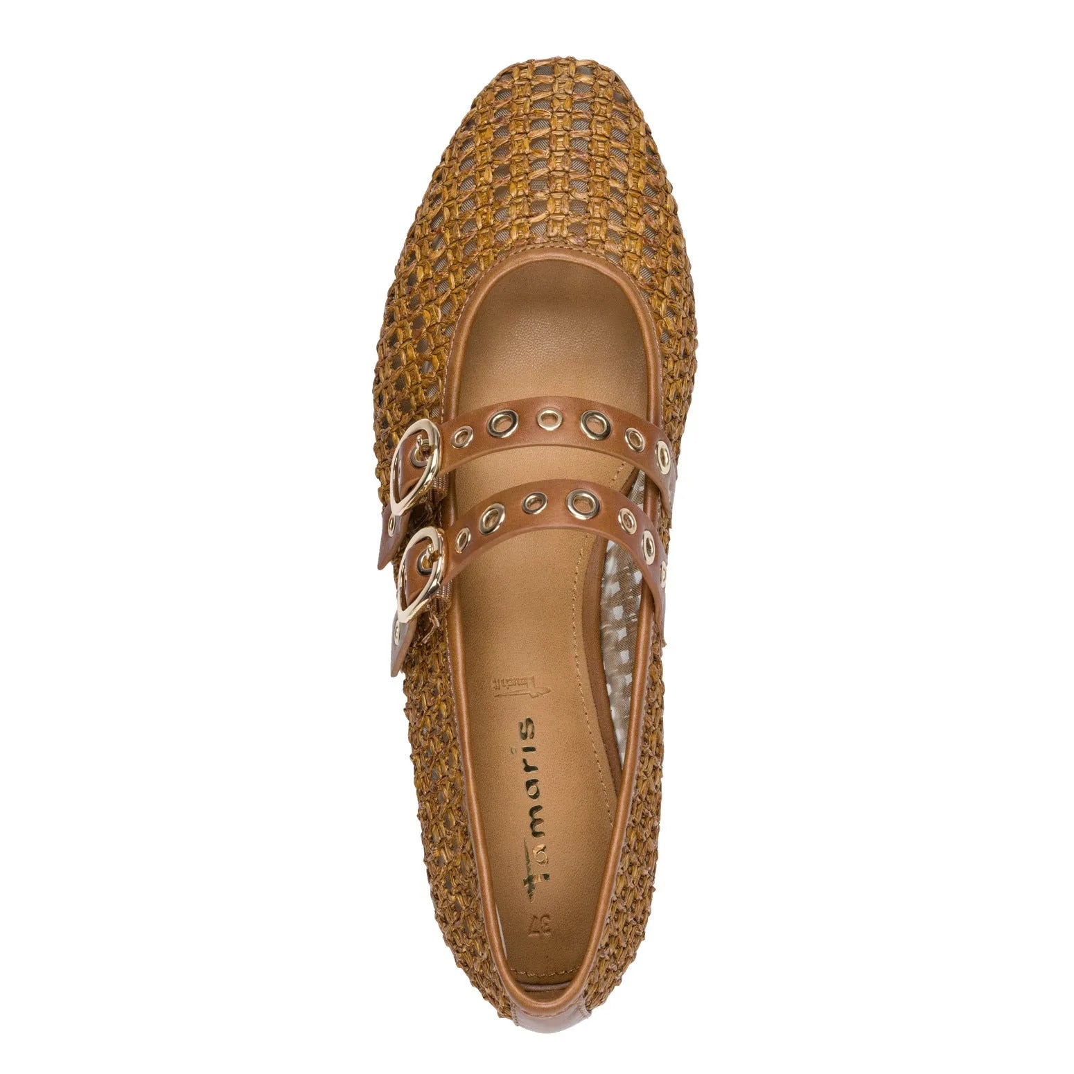 Tamaris women's brown textile buckle shoes with two straps and metal eyelet details, designed for casual or dress wear.
