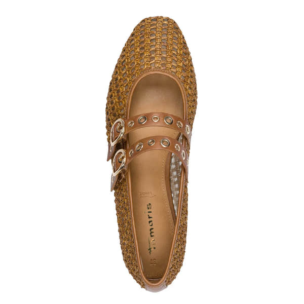 Tamaris women's brown textile buckle shoes with two straps and metal eyelet details, designed for casual or dress wear.