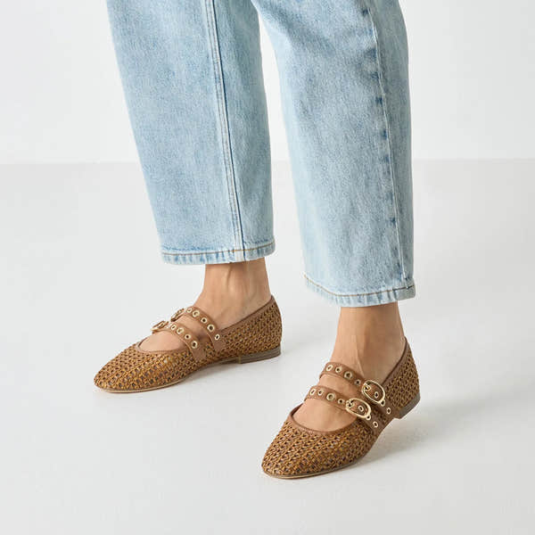 Tamaris Ladies Brown Textured Buckle Shoes with pointed toe and double strap design.