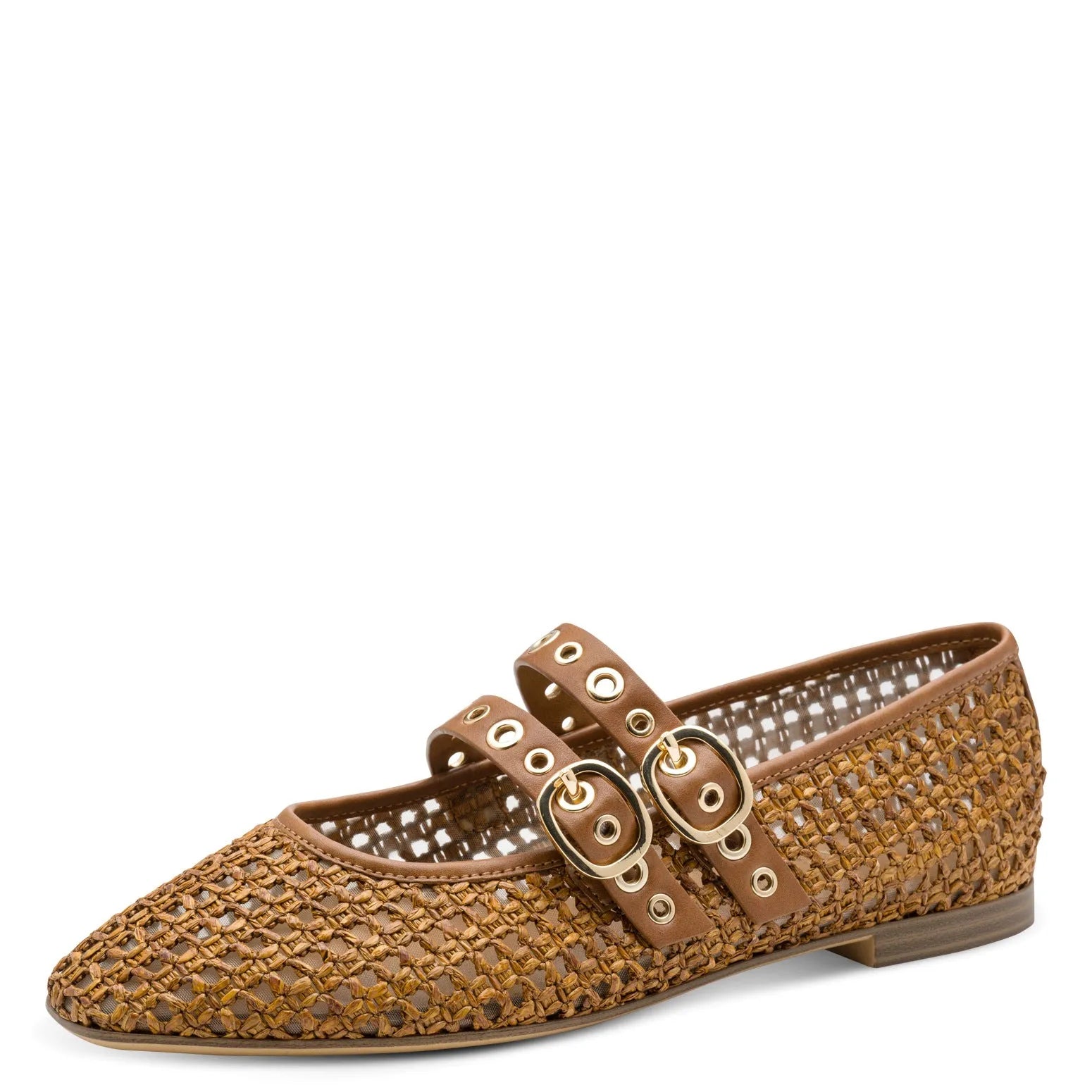 Tamaris women's brown textile buckle ballet flats with woven design and double ankle straps with gold buckle details.