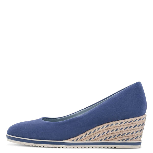 Blue leather slip-on wedge shoes with woven rope detail on the sole and a white and blue striped platform.