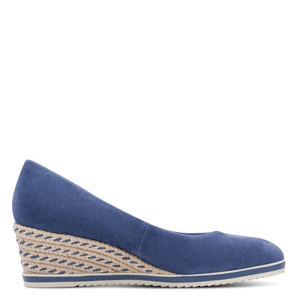 Blue leather slip-on wedge shoe with a braided jute and rubber sole, stylish and comfortable for women.