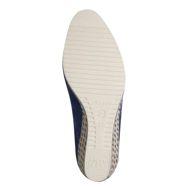 Blue leather slip-on shoes with a white rubber sole, embossed brand logo, and comfort features.