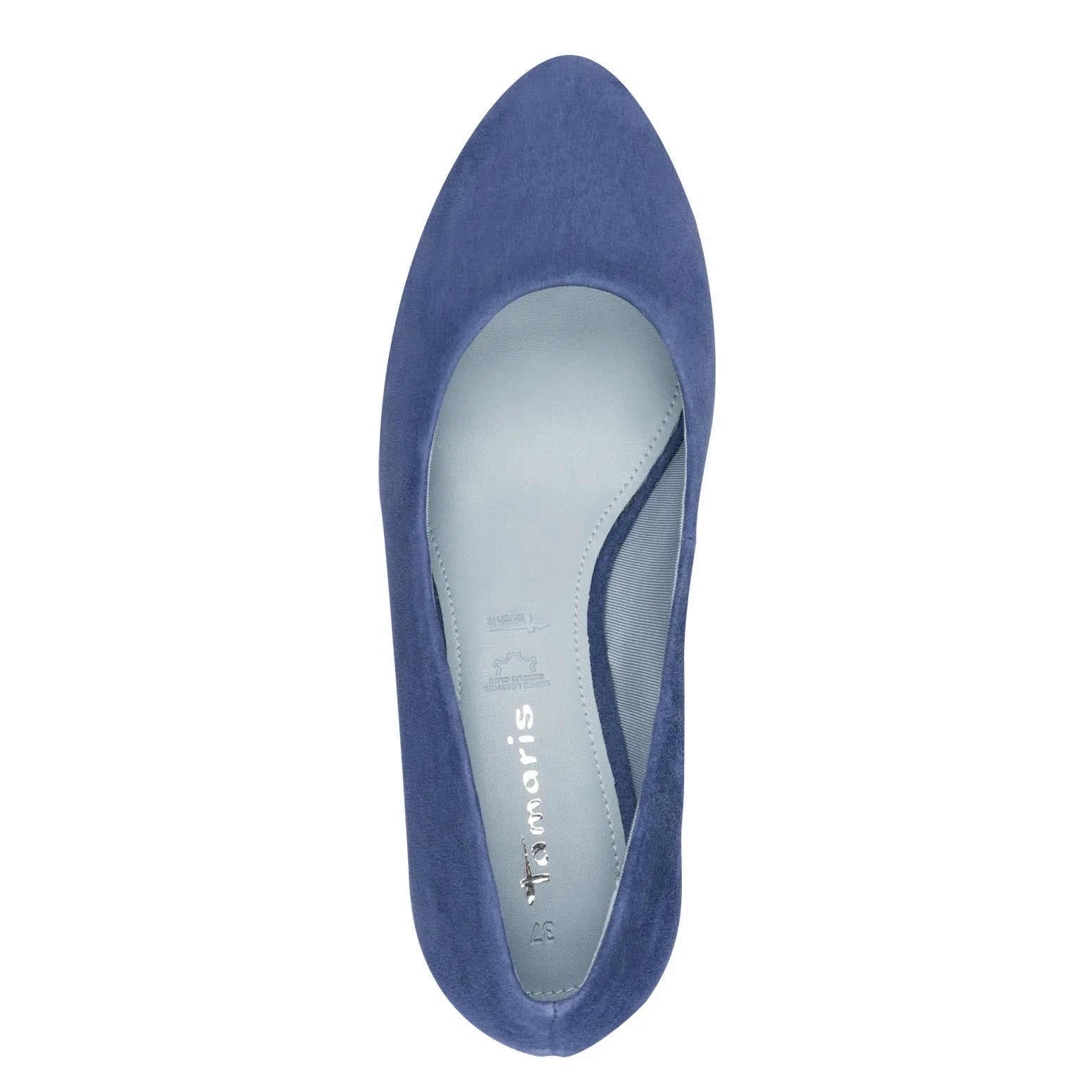 Blue leather slip-on shoes with pointed toe and cushioned interior, designed for women, by Tamaris.