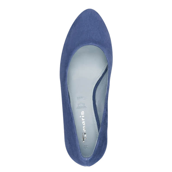 Blue leather slip-on shoes with pointed toe and cushioned interior, designed for women, by Tamaris.