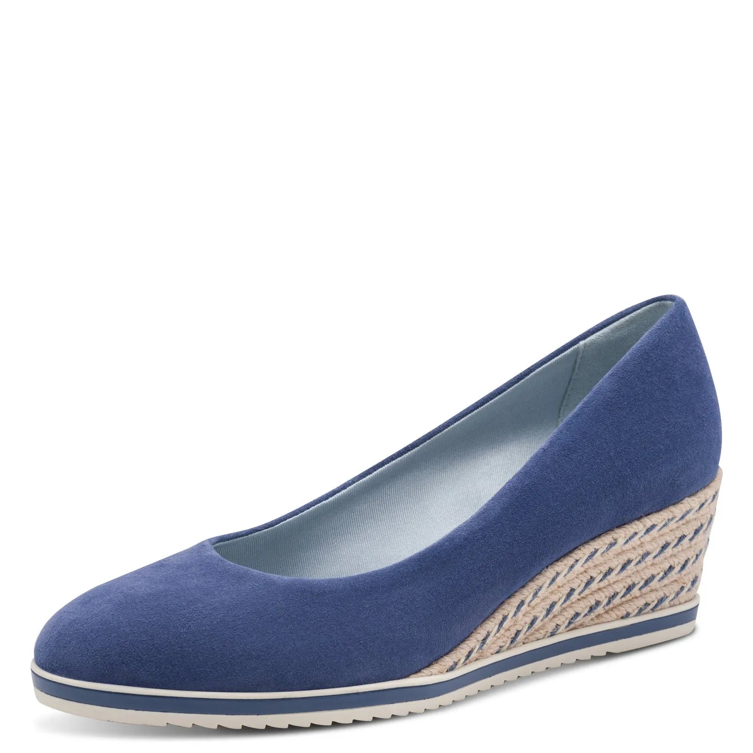 Blue leather slip-on wedge heel shoe with woven espadrille-style platform and white and navy striped sole.