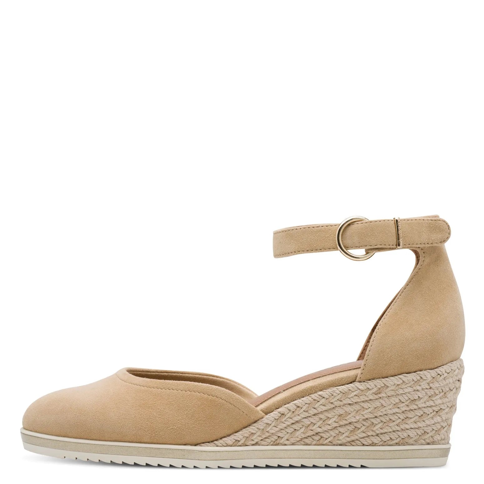 Tamaris women's tan leather wedge espadrille with ankle strap and touch fastenings, comfortable summer sandal.