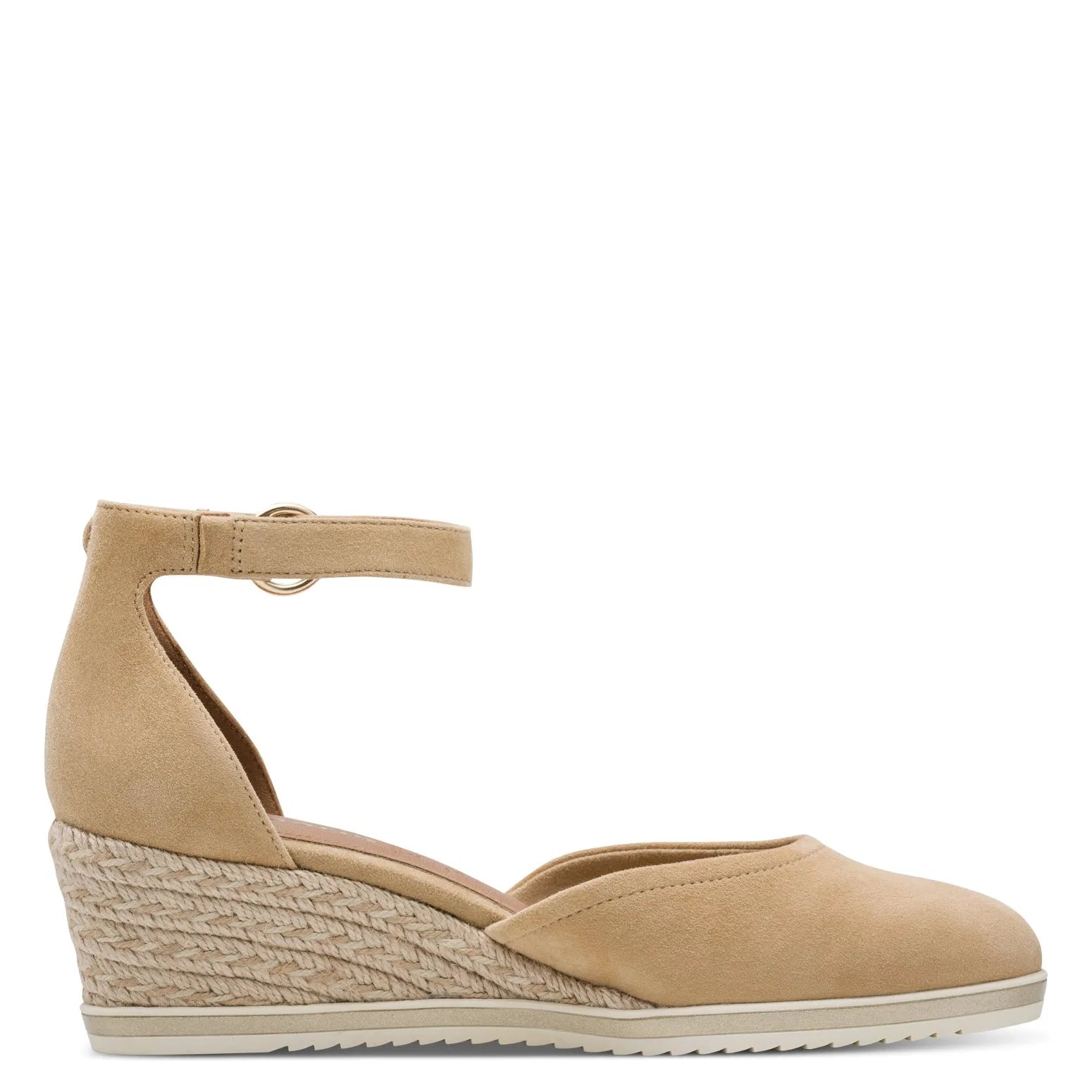 Tamaris women's tan leather touch-fastening wedge sandals with ankle strap and woven espadrille-style heel.