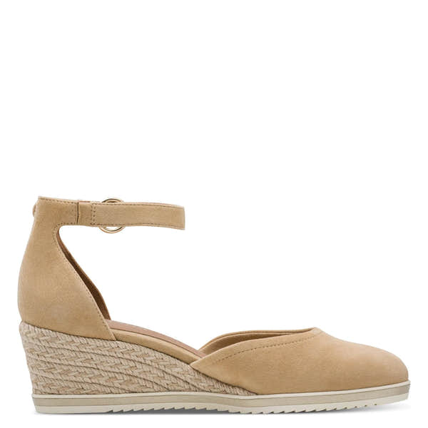 Tamaris women's tan leather touch-fastening wedge sandals with ankle strap and woven espadrille-style heel.