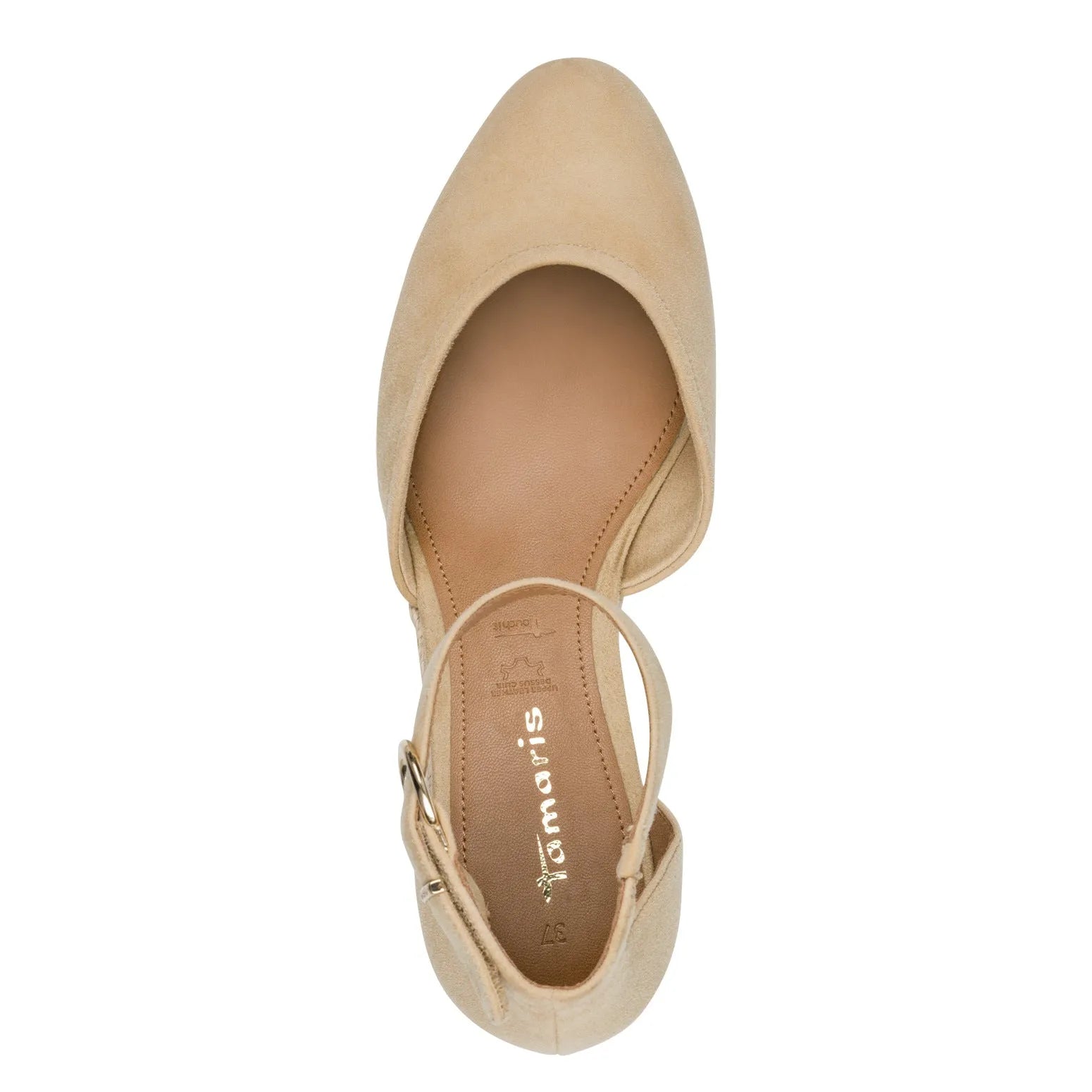 Tamaris ladies tan leather touch-fastening sandals with pointed toe and ankle strap, comfortable and stylish footwear.