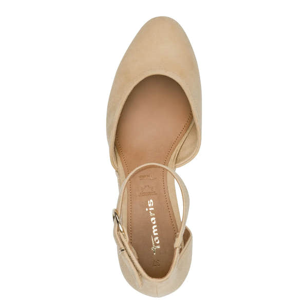 Tamaris ladies tan leather touch-fastening sandals with pointed toe and ankle strap, comfortable and stylish footwear.