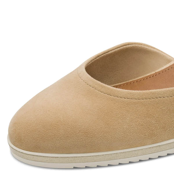 Ladies tan leather slip-on sandals with touch fastening and cushioned insole.