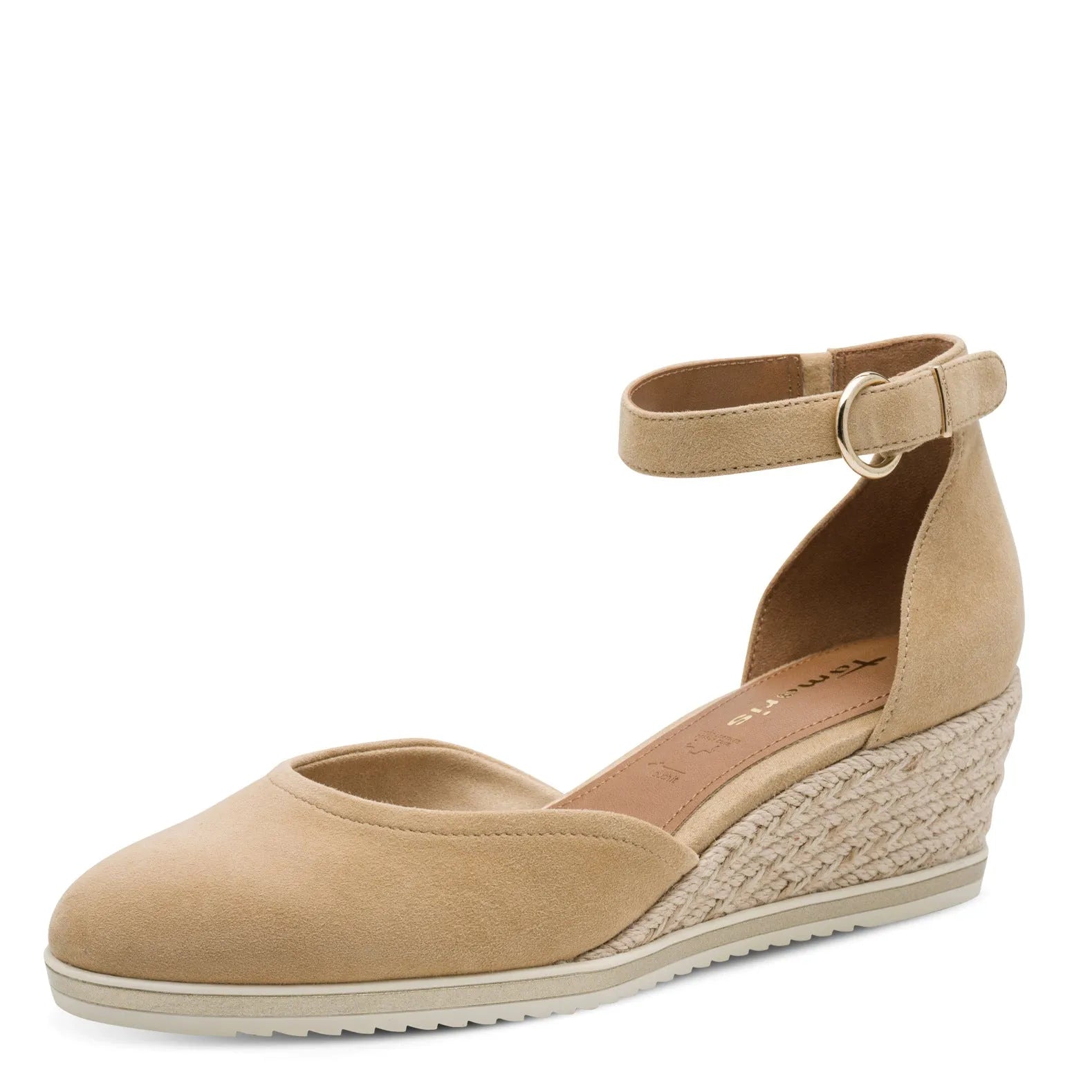 Tamaris women's tan leather espadrille wedge sandals with touch fastening ankle strap and peep toe.
