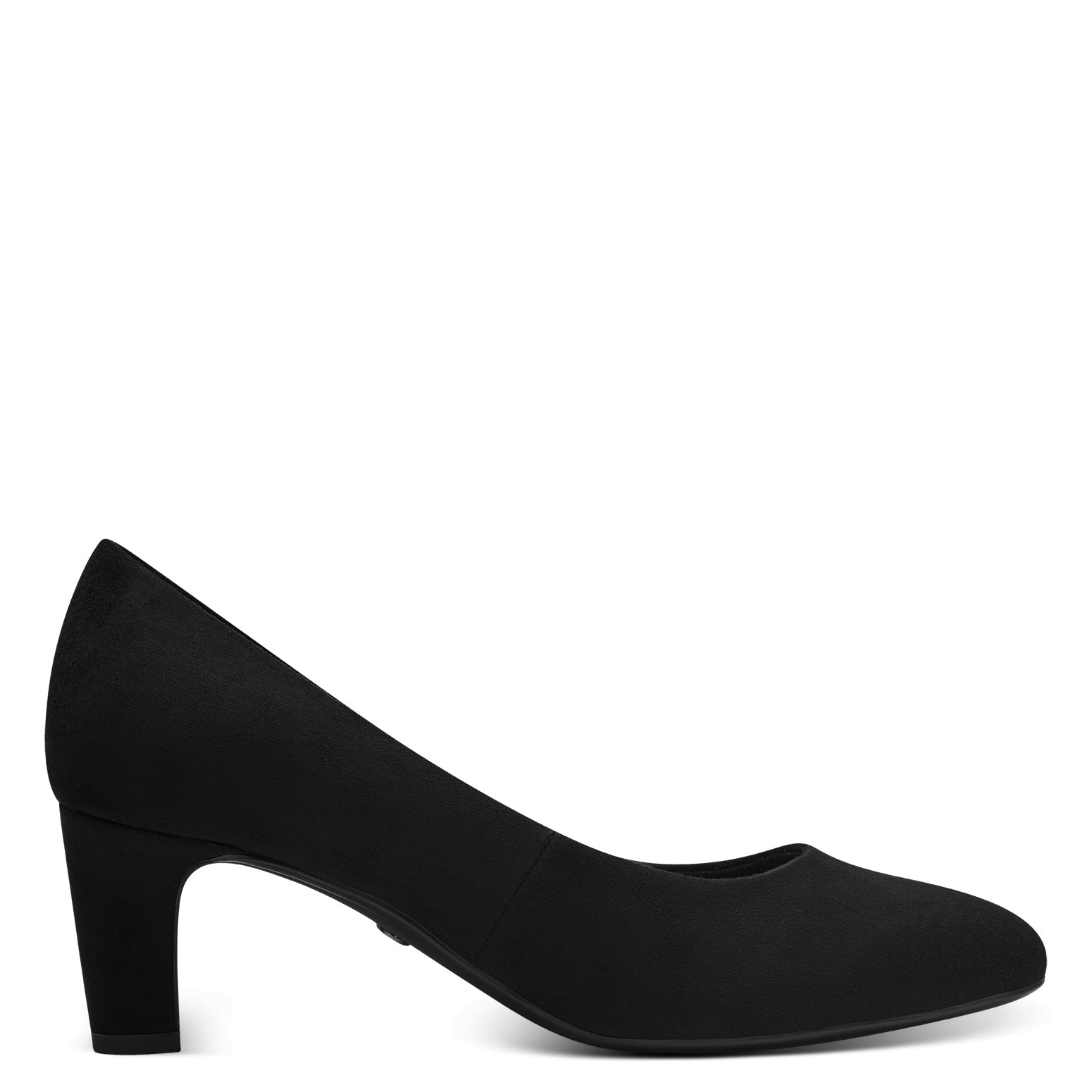 Inner side of the black textile Tamaris court shoe showing the court shoe profile and heel.