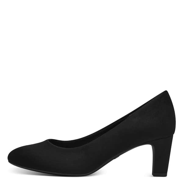 Outer side of the black textile Tamaris court shoe showing the textured textile upper and heel.