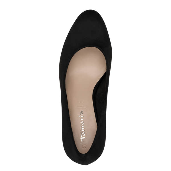 Top view of the black textile Tamaris court shoe showing the toe shape and opening.